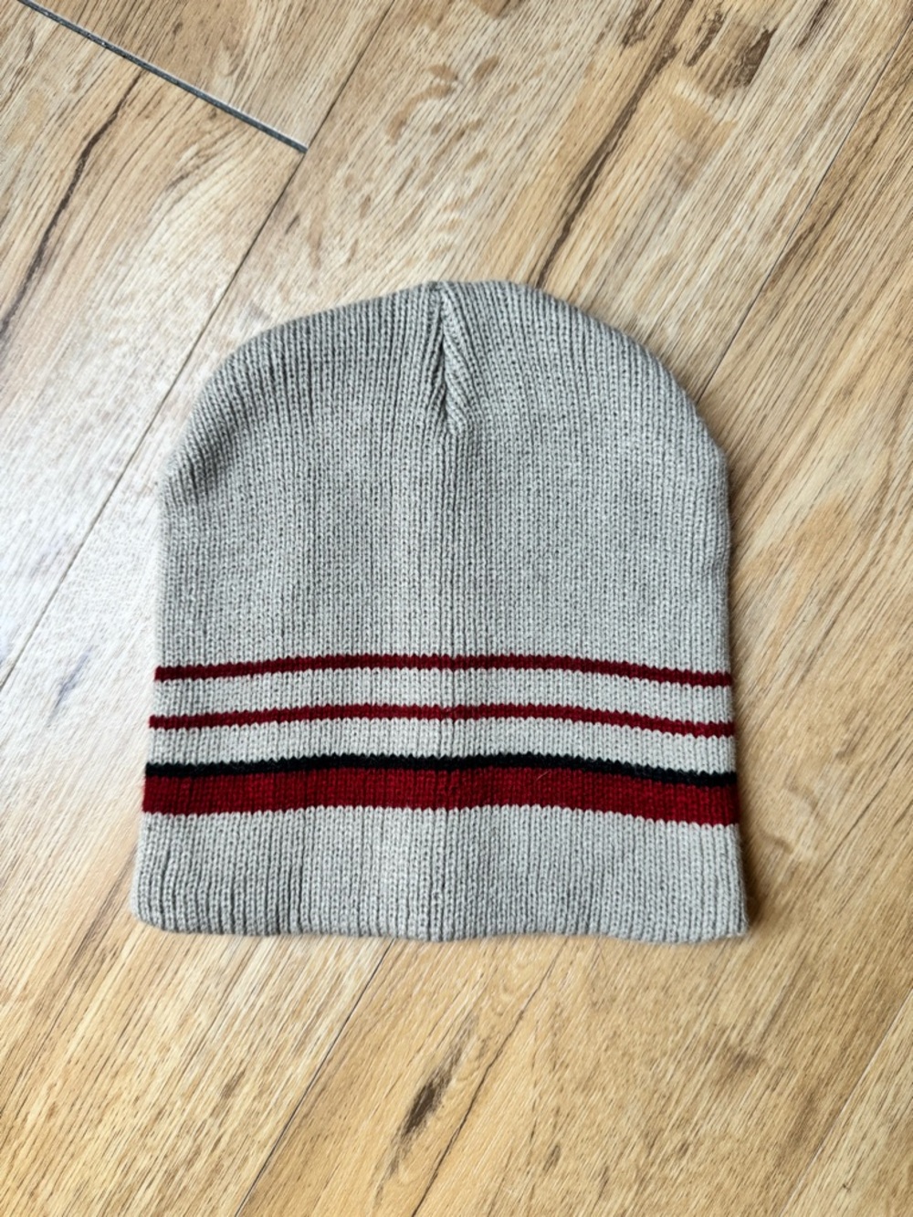 Neutral Knit Beanie with Red and Black Stripes